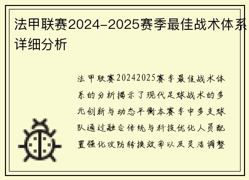 法甲联赛2024-2025赛季最佳战术体系详细分析